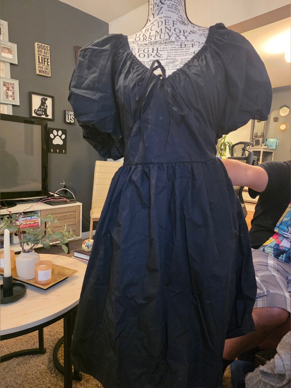 Black Puff Sleeve Cotton Dress. OFF SHOULDER